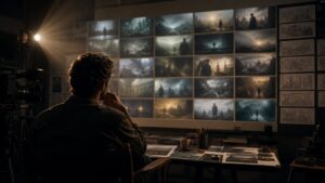 Director in quiet pre-production room facing blurred concept frames and storyboard panels with cinema camera silhouette