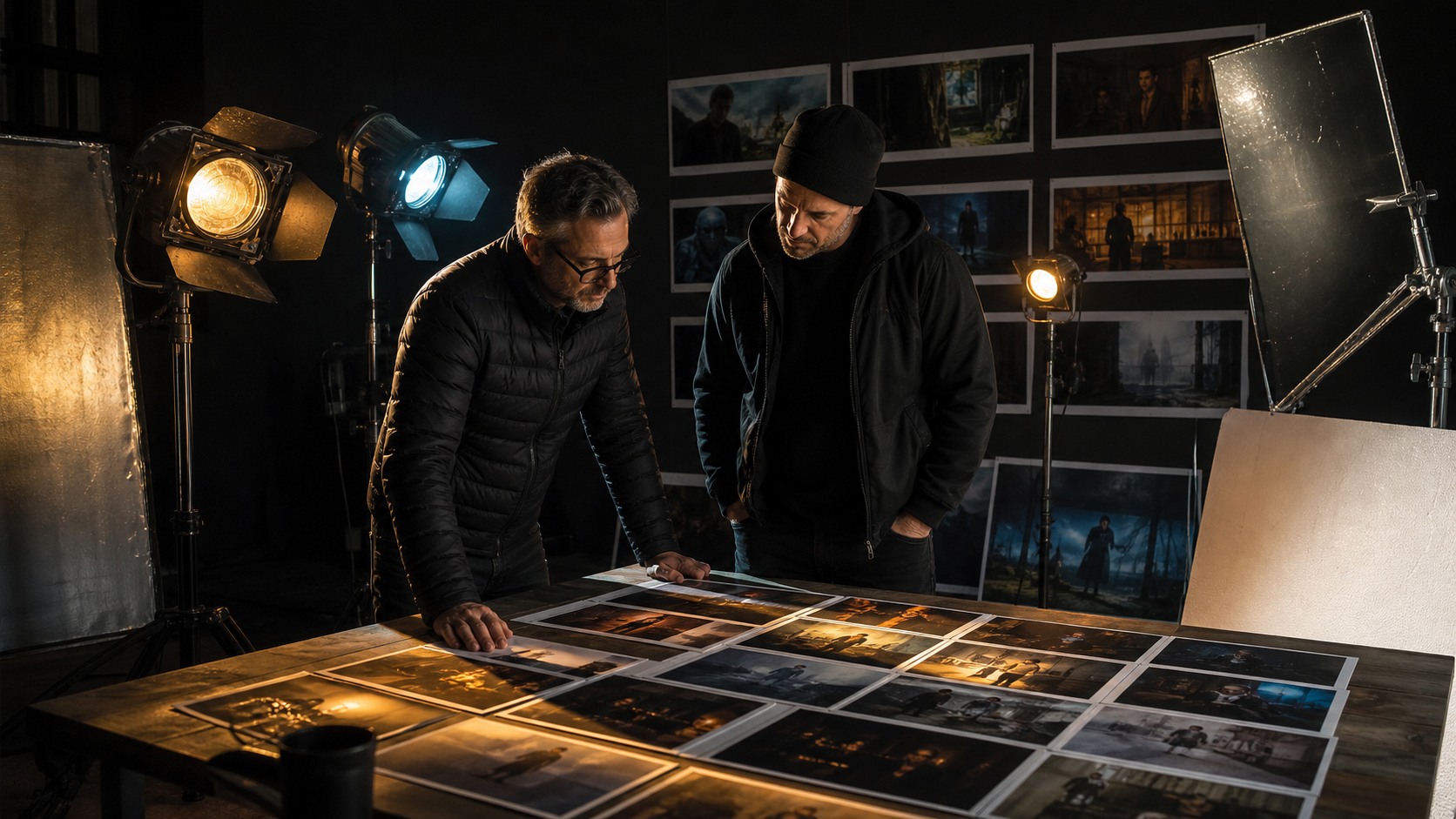 Cinematographer and gaffer reviewing lighting mood frames surrounded by practical lamps, gels, and reflectors