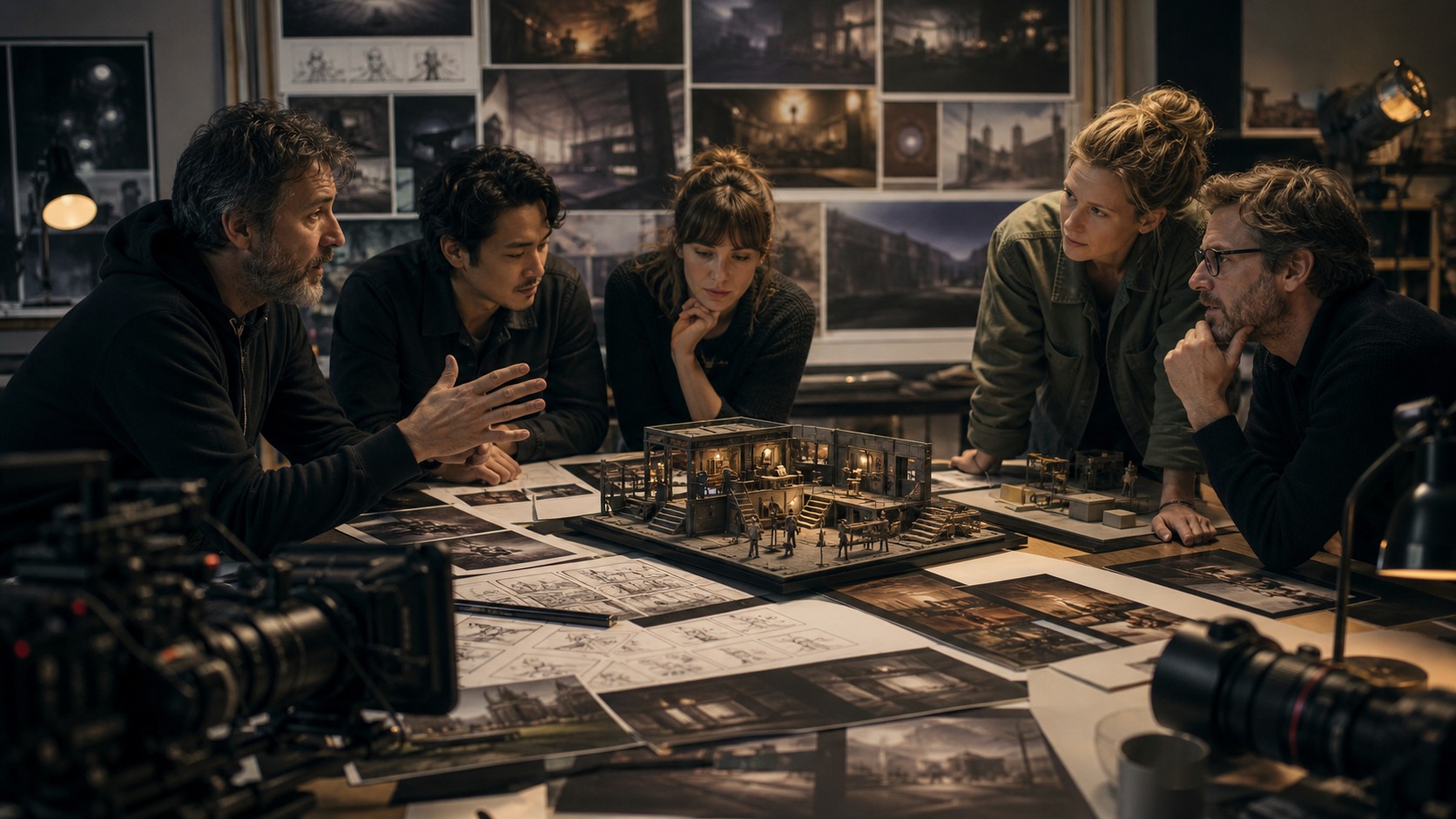 Director, cinematographer, production designer, assistant director, and VFX supervisor gathered around a shared visual plan and miniature set