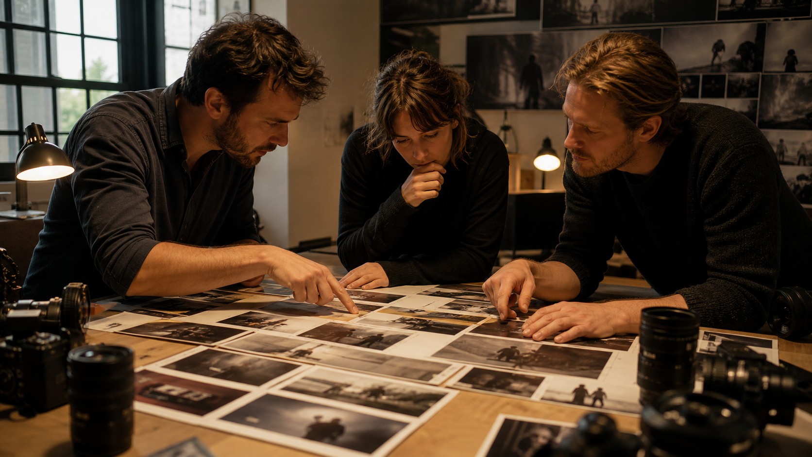 Film creative team arranging cinematic storyboard frames to shape a dramatic scene in a pre-production room