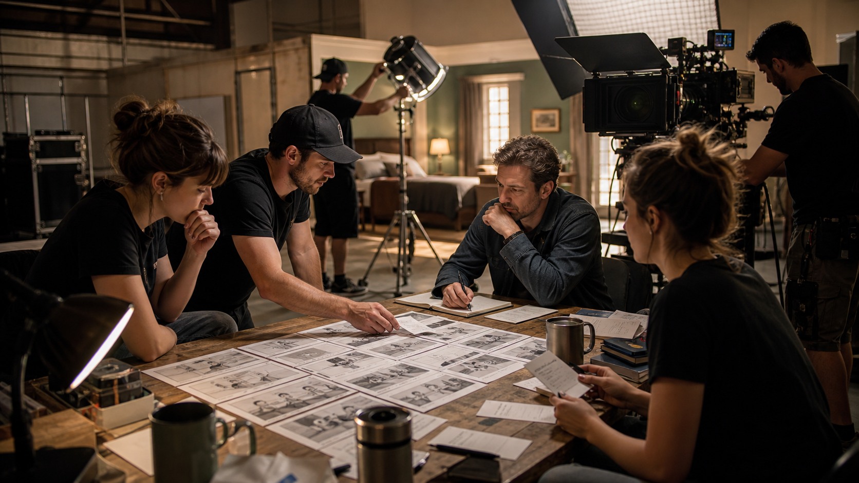 Lean film crew using printed storyboards and shot cards to plan efficient setups on a practical set