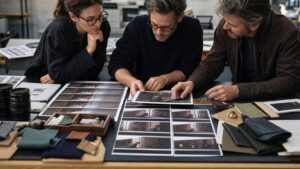 Continuity planning team comparing sequenced storyboard frames, wardrobe swatches, props, and lenses on a production table