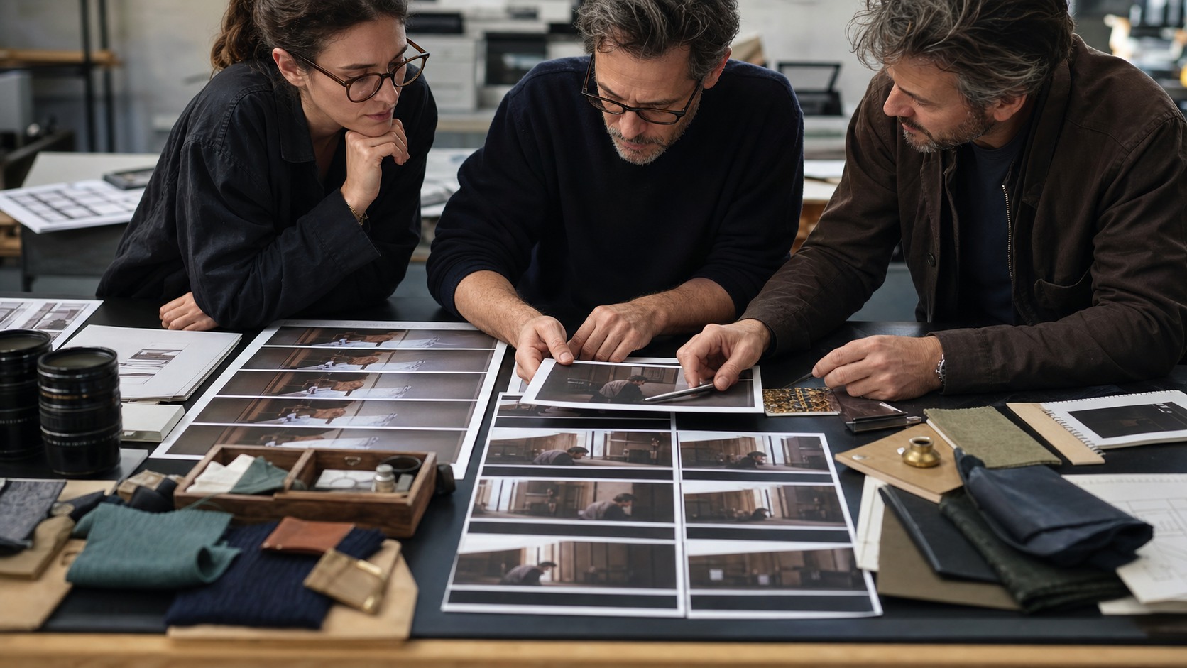 Continuity planning team comparing sequenced storyboard frames, wardrobe swatches, props, and lenses on a production table