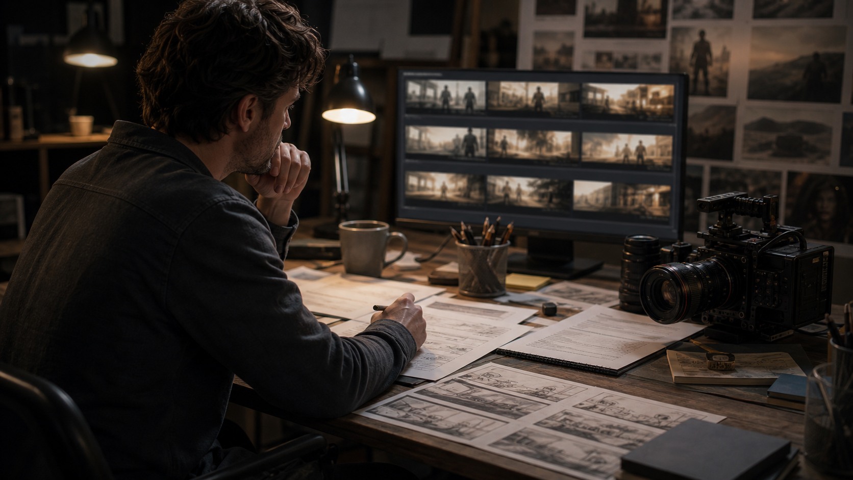 Writer-director workspace with blurred script pages, storyboard cards, a monitor with soft visual frames, and cinema camera