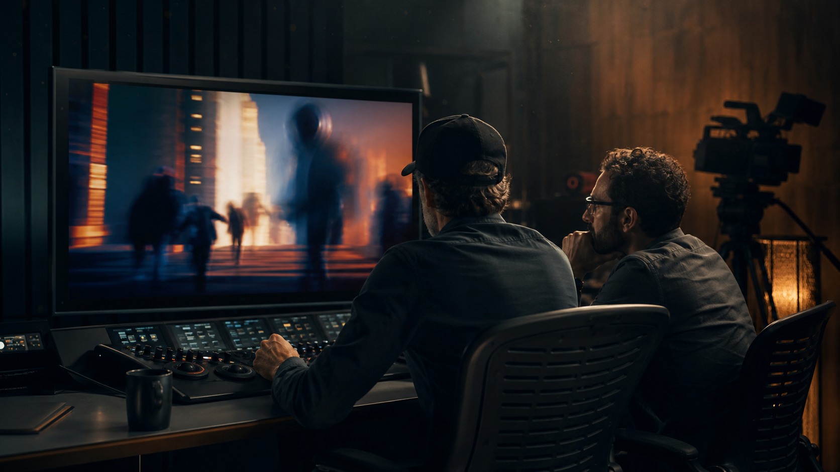Visual effects artist and filmmaker reviewing blurred evolving cinematic frames in a realistic post-production studio