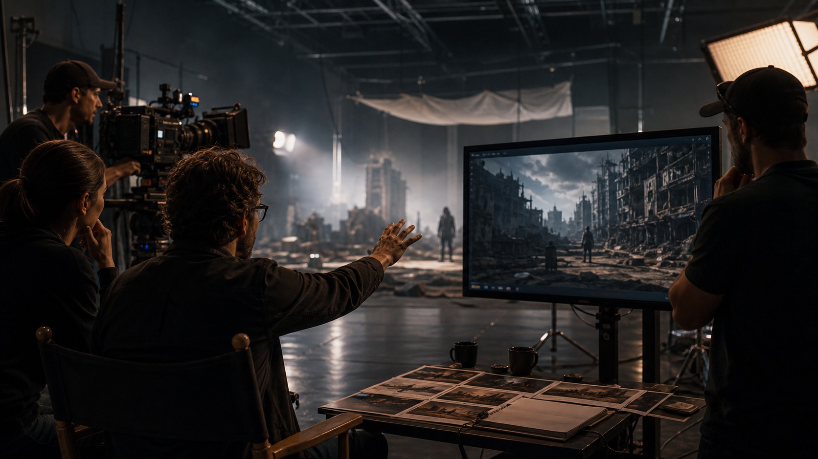 Director and small crew planning a synthetic scene on a soundstage with camera, lights, and blurred environment preview