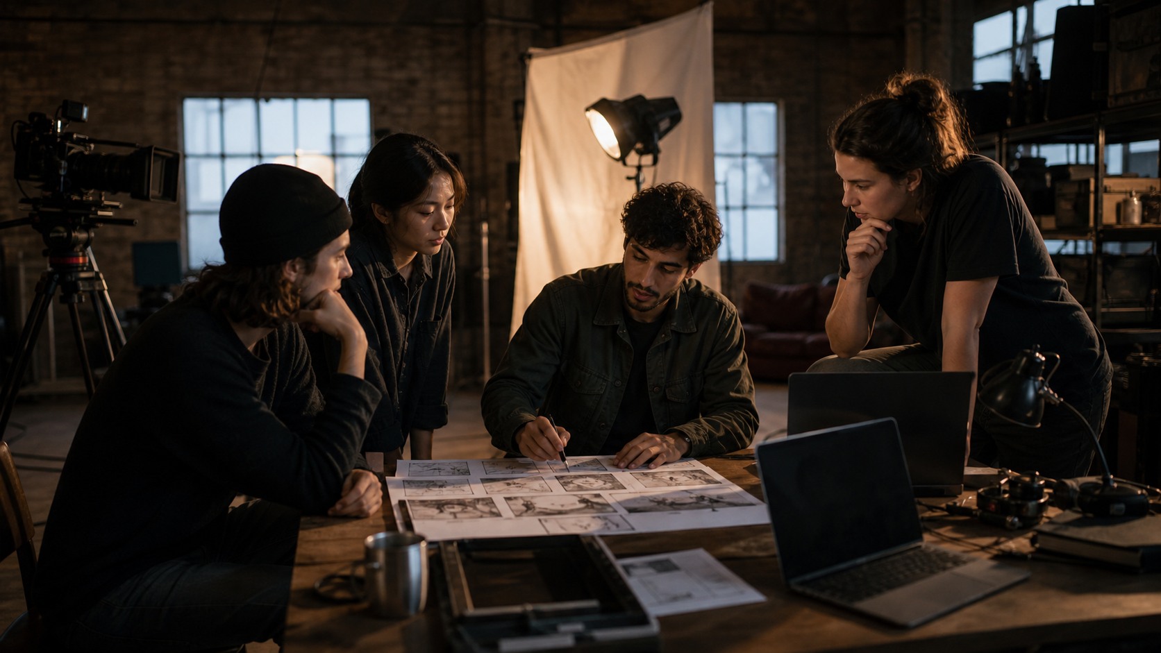 Small independent film crew planning shots in a modest studio with affordable lighting, camera gear, storyboards, and practical props