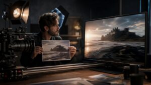 Cinematographer comparing a printed concept frame with a blurred moving version on a studio monitor