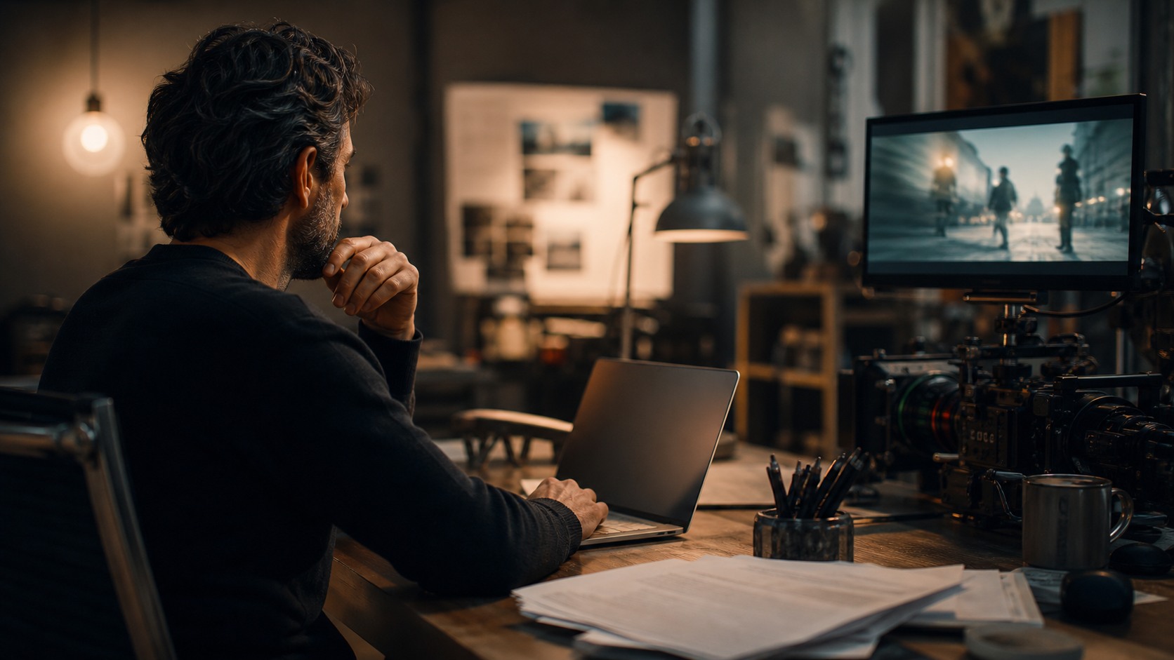 Writer-director at production desk with camera equipment and blurred cinematic scene concept on monitor