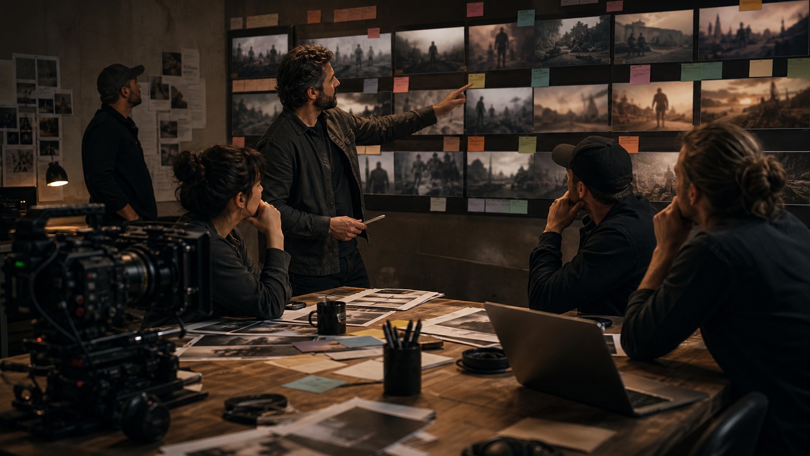 Pre-production room with blurred storyboard wall, unreadable color cards, cinema camera, laptop angled away, and crew discussing a shot sequence