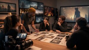 Creative film team planning future AI-assisted production in a realistic studio with camera gear and blurred cinematic frames