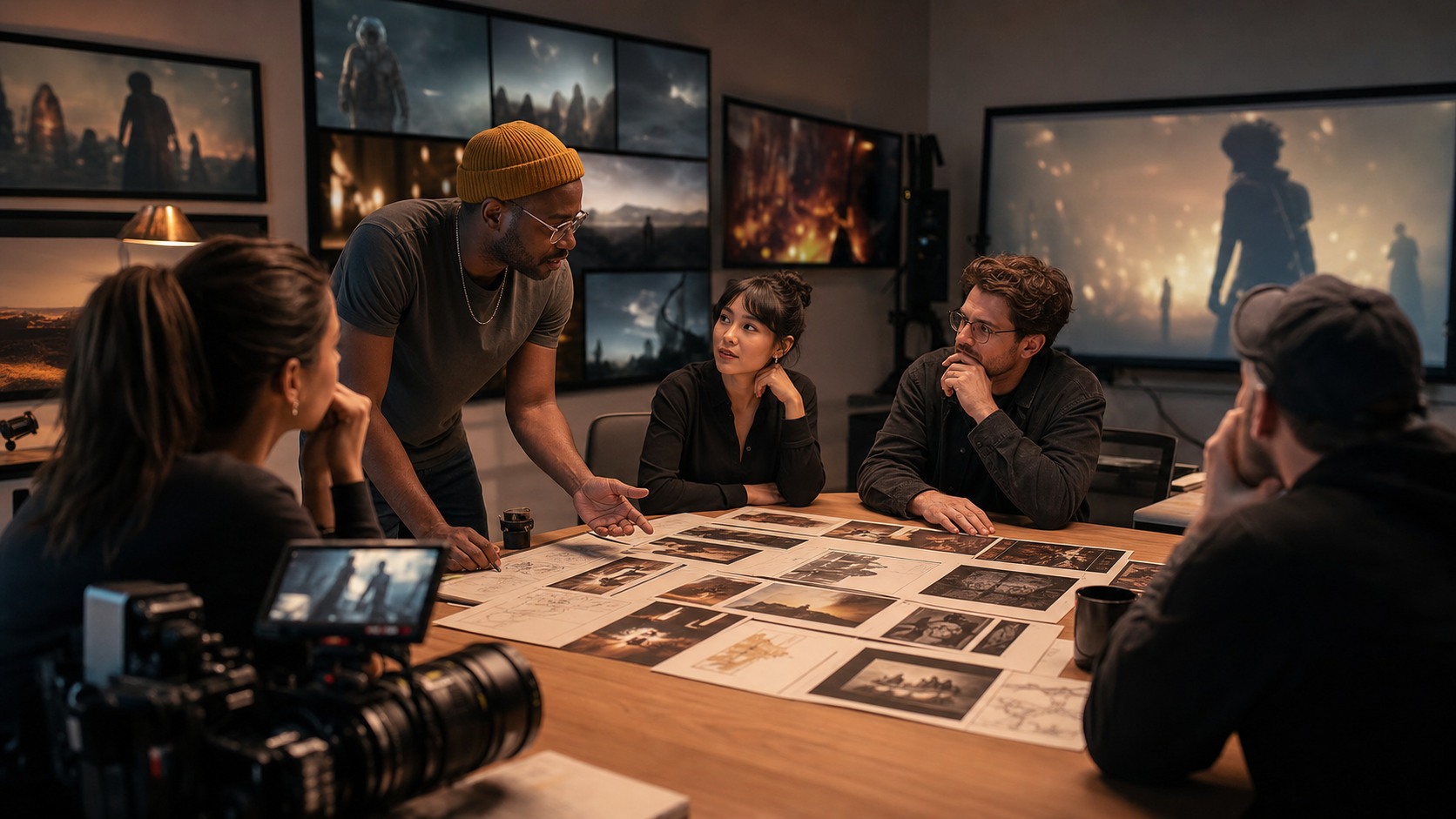 Creative film team planning future AI-assisted production in a realistic studio with camera gear and blurred cinematic frames