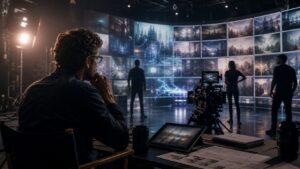 Director in a grounded future production studio with camera, crew silhouettes, and blurred AI-assisted planning wall