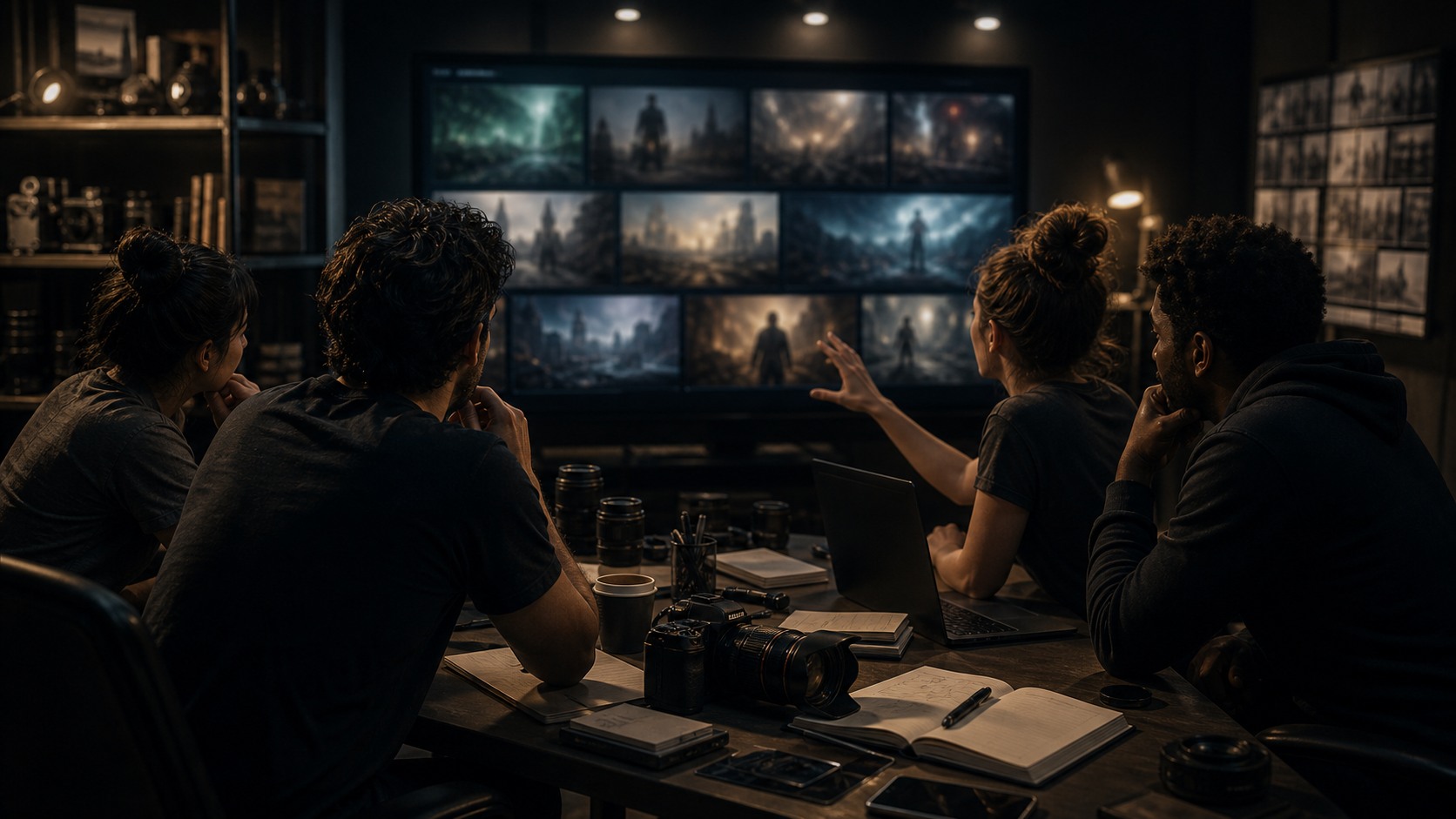 Independent filmmakers in a small screening room reviewing blurred AI-generated cinematic scenes