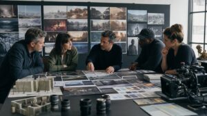 Film department heads reviewing previsualization boards, lens references, set models, and color materials in a production office