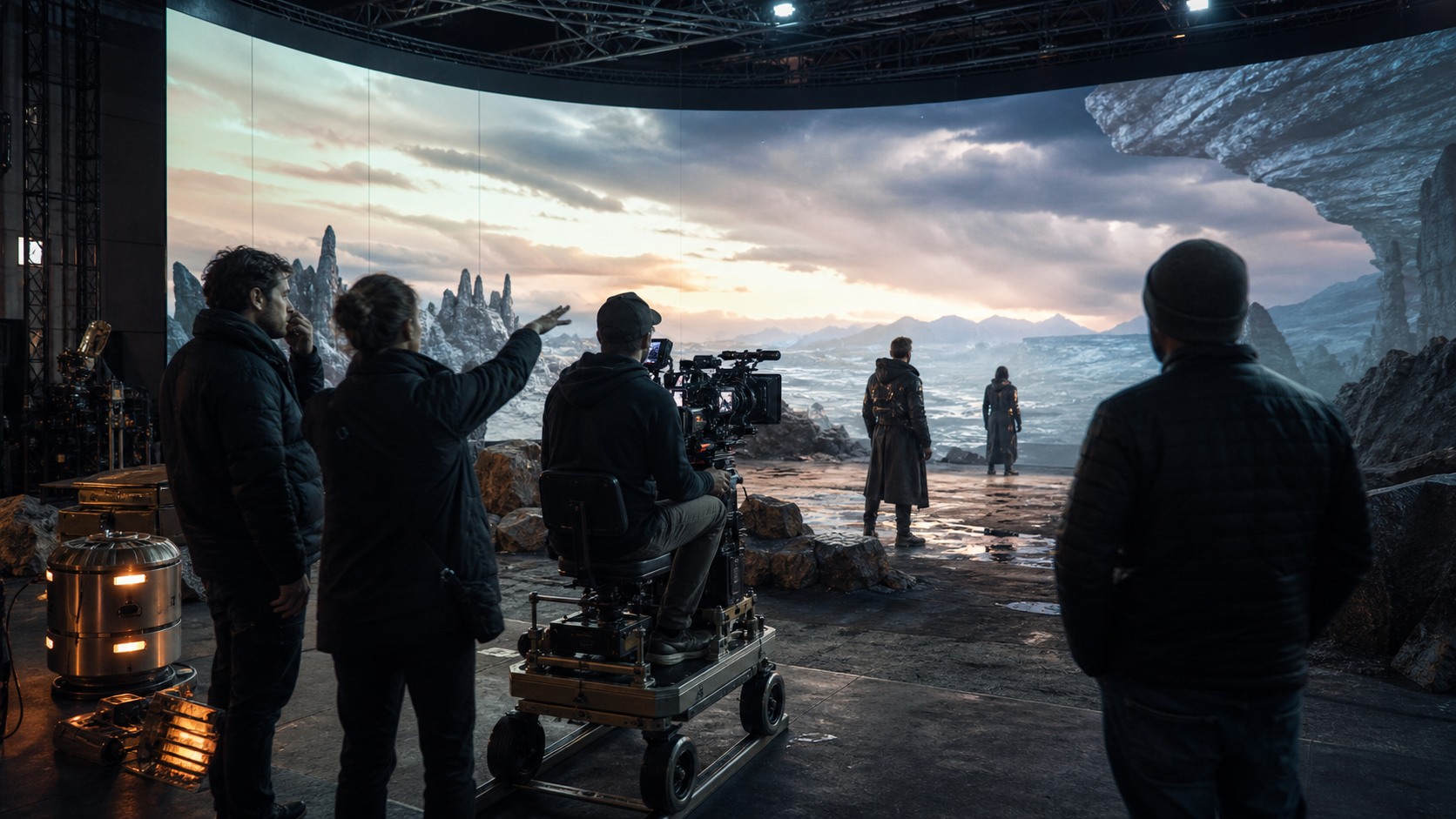 Professional LED volume soundstage with curved immersive wall, practical set pieces, camera crew, and virtual production supervisor
