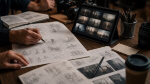 Film pre-production table with storyboard cards, blurred visual frames, pencils, camera lens, and unreadable production notes