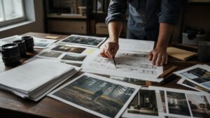Writer-director arranging screenplay pages, location photos, and storyboard frames into a visual blueprint on a wooden table