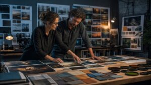 Director and cinematographer comparing multiple cinematic style boards with lenses, swatches, and lighting references