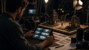 Cinematography planning scene with camera, lenses, viewfinder, blurred composition frames, and small model set