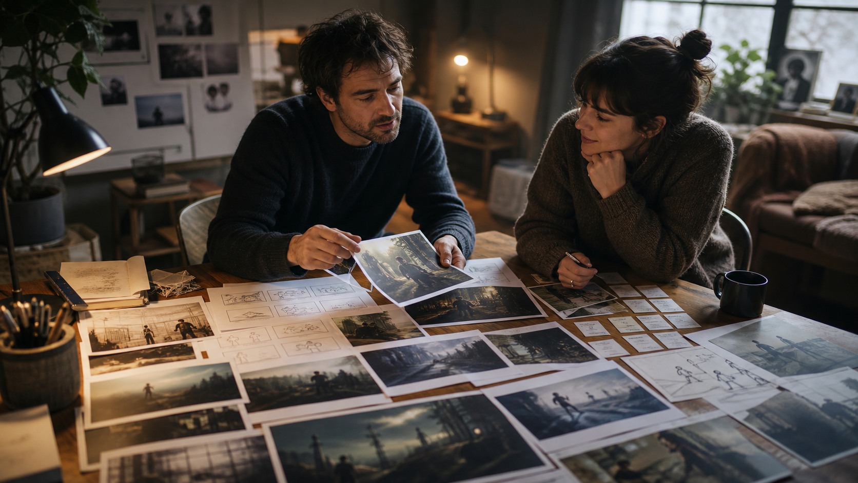 Writer-director arranging printed cinematic scene images, rough stick-figure thumbnails, reference photos, and simple shot cards