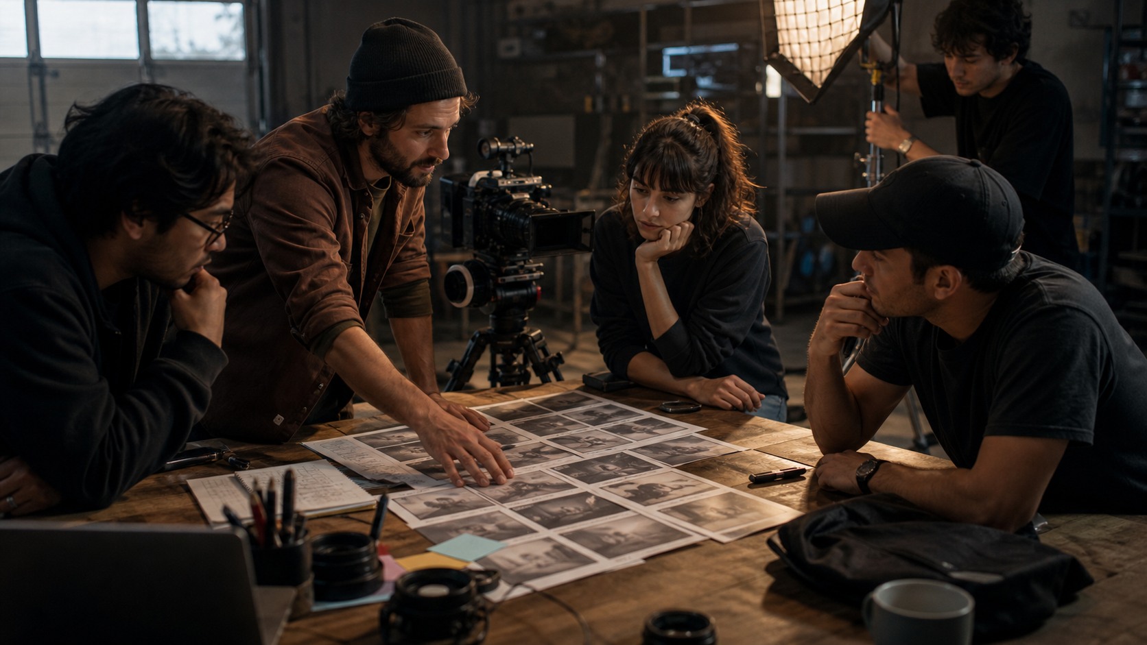 Small indie film crew planning shots in a modest studio with camera, portable lights, and blurred storyboard panels